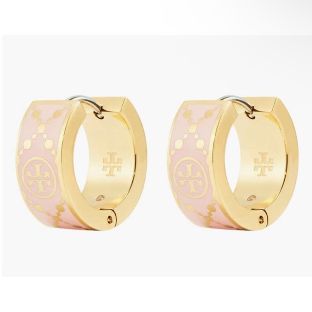 NIP Tory Burch T Monogram Pink Enamel & Gold Plated Logo Huggie Earrings